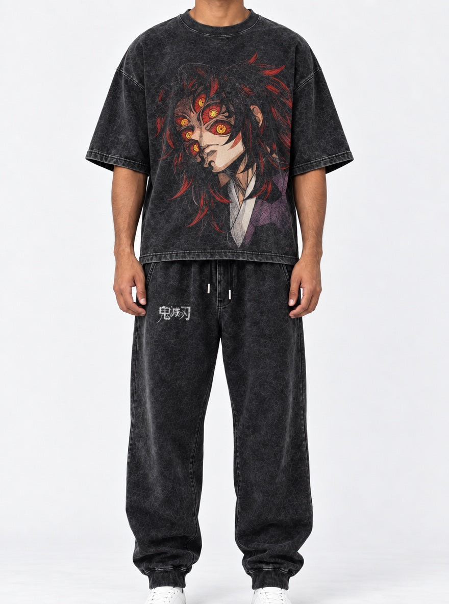 Demon Slayer Washed Black T-Shirt and Joggers Combo on model, back view