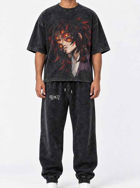 Demon Slayer Washed Black T-Shirt and Joggers Combo on model, back view