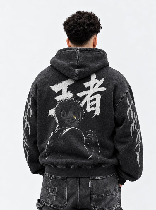 Demon Slayer Akaza King Washed Hoodie on model, back view