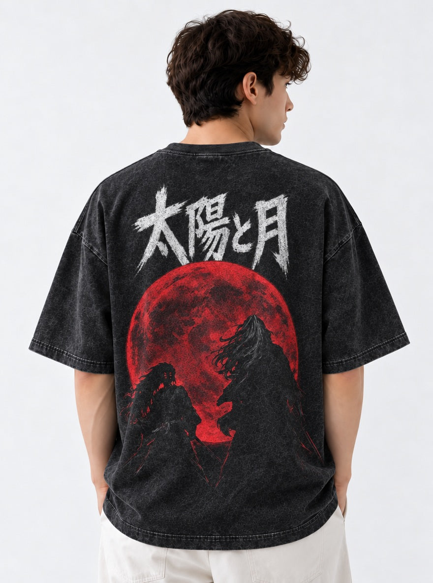 Demon Slayer Kokushibo and Yoriichi Washed T-Shirt on model, back view
