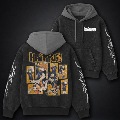 Haikyuu Soft Black and Grey Washed Hoodie