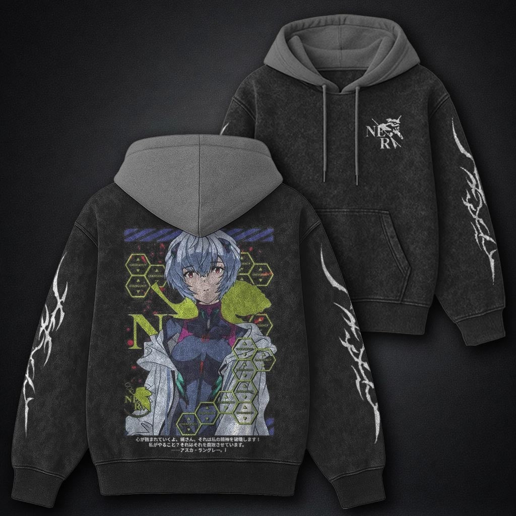 Neon Genesis Evangelion Vintage Black and Grey Washed Hoodie