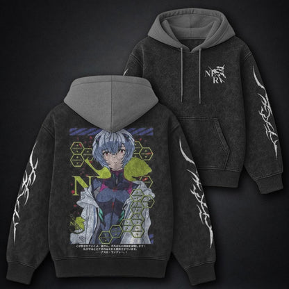 Neon Genesis Evangelion Vintage Black and Grey Washed Hoodie