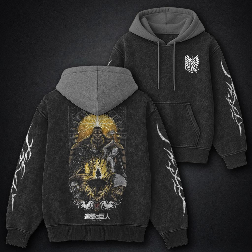 Attack on Titan Essential Black and Grey Washed Hoodie