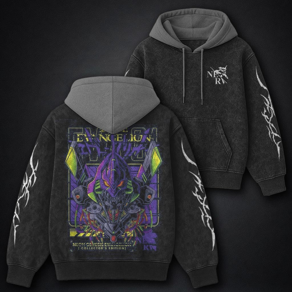 Neon Genesis Evangelion Clean Black and Grey Washed Hoodie