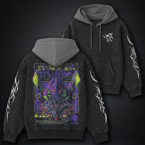 Neon Genesis Evangelion Clean Black and Grey Washed Hoodie
