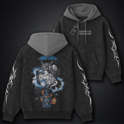 Ghibli Graphic Black and Grey Washed Hoodie