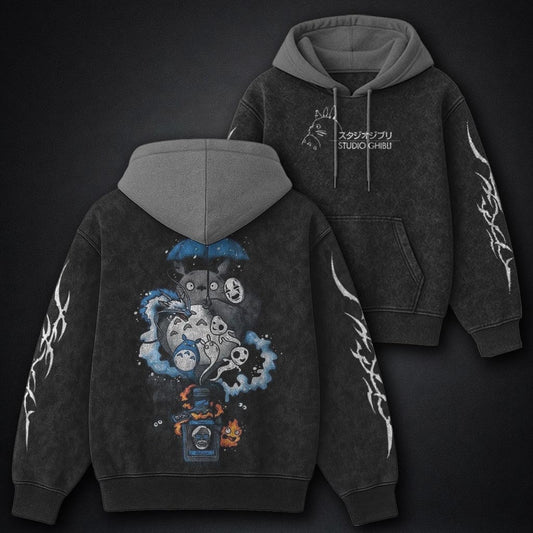 Ghibli Graphic Black and Grey Washed Hoodie