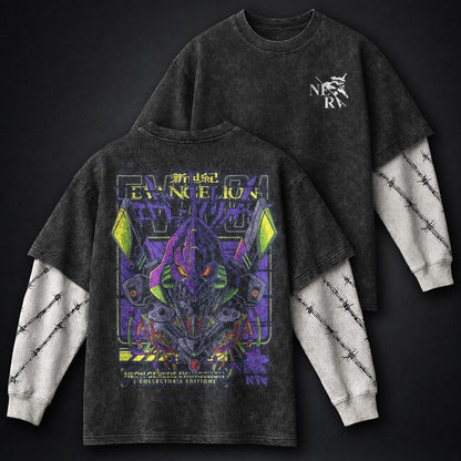 Neon Genesis Evangelion Streetwear Washed Double Sleeves T-Shirt
