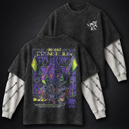 Neon Genesis Evangelion Streetwear Washed Double Sleeves T-Shirt