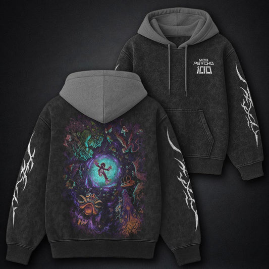 Mob Psycho 100 Graphic Black and Grey Washed Hoodie