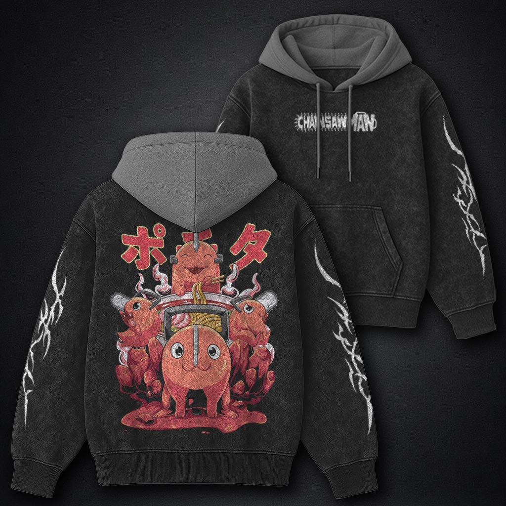 Chainsaw Man Minimal Black and Grey Washed Hoodie