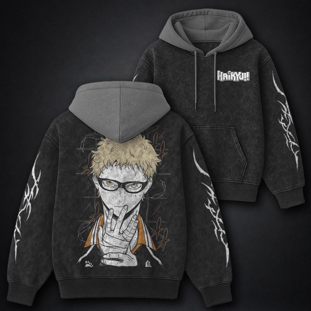 Haikyuu Vintage Black and Grey Washed Hoodie