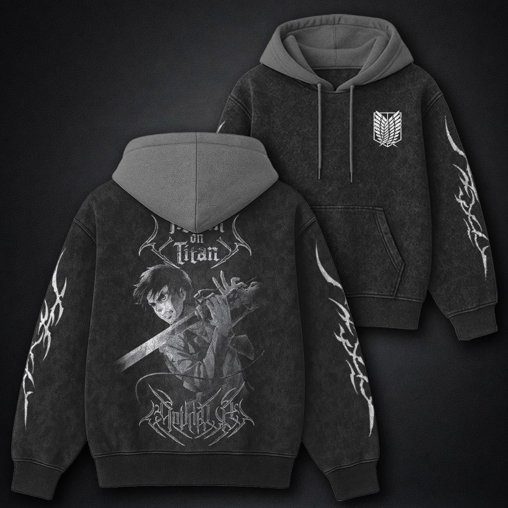 Attack on Titan Premium Black and Grey Washed Hoodie