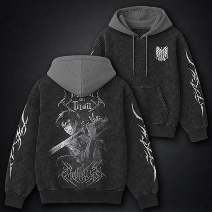 Attack on Titan Premium Black and Grey Washed Hoodie