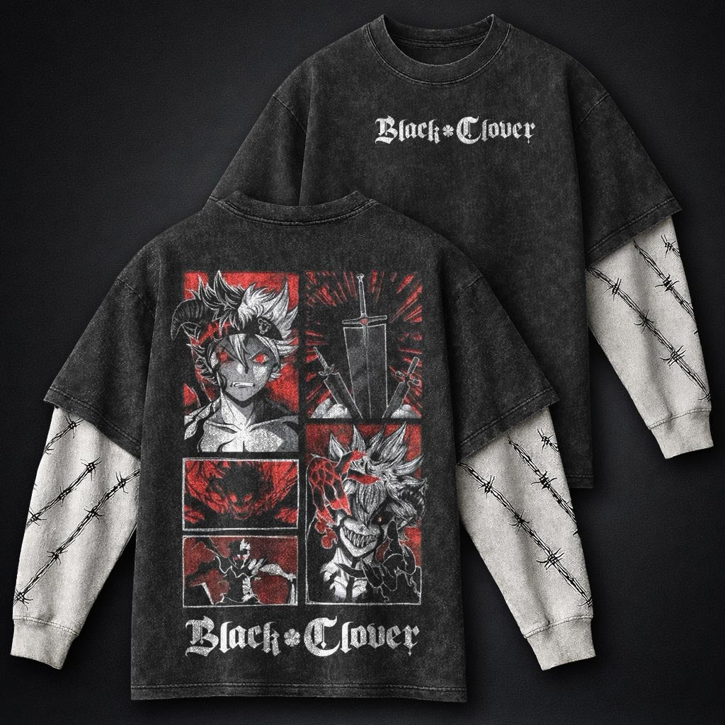 Black Clover Streetwear Washed Double Sleeves T-Shirt
