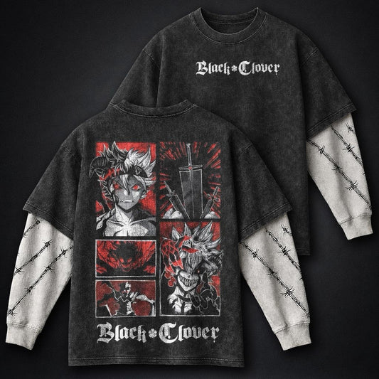Black Clover Streetwear Washed Double Sleeves T-Shirt