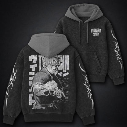 Vinland Saga Relaxed Black and Grey Washed Hoodie