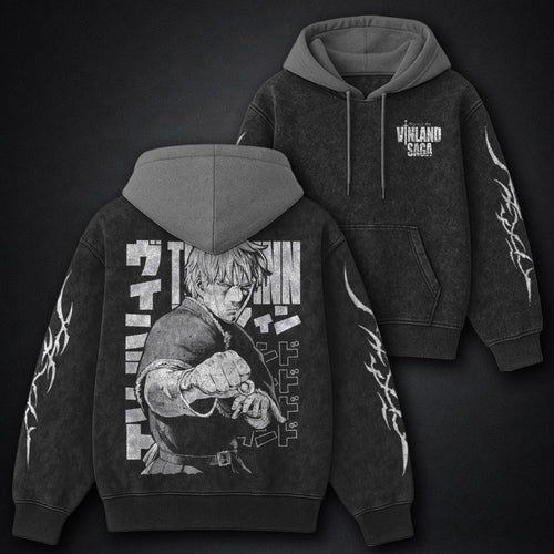 Vinland Saga Relaxed Black and Grey Washed Hoodie