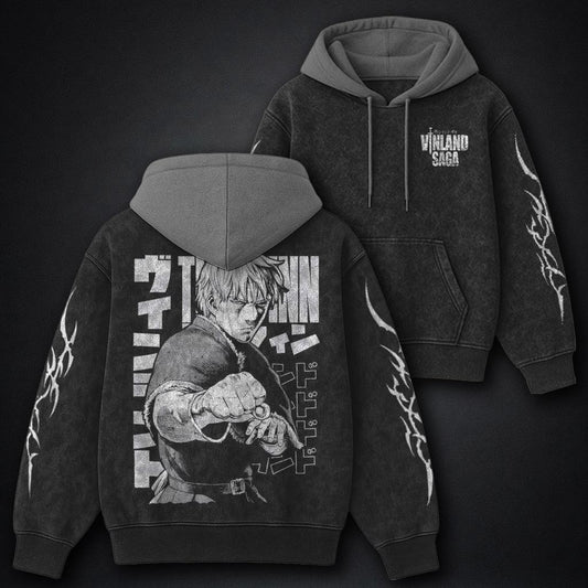 Vinland Saga Relaxed Black and Grey Washed Hoodie