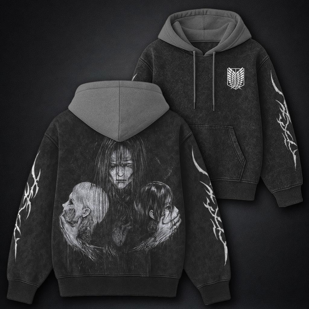 Attack on Titan Clean Black and Grey Washed Hoodie