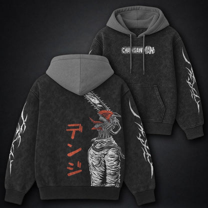 Chainsaw Man Relaxed Black and Grey Washed Hoodie