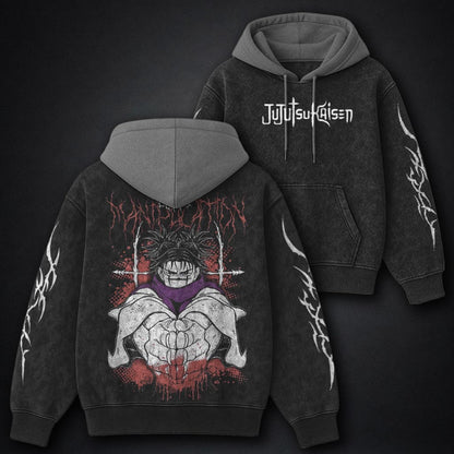 Jujutsu Kaisen Sleek Black and Grey Washed Hoodie