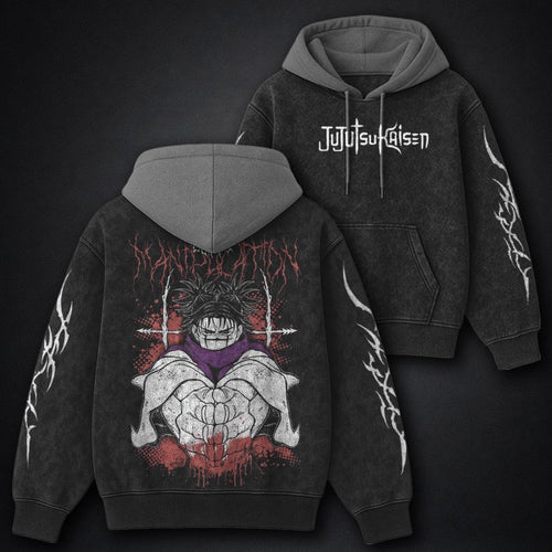 Jujutsu Kaisen Sleek Black and Grey Washed Hoodie