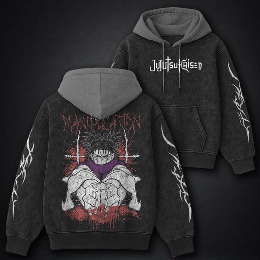 Jujutsu Kaisen Sleek Black and Grey Washed Hoodie