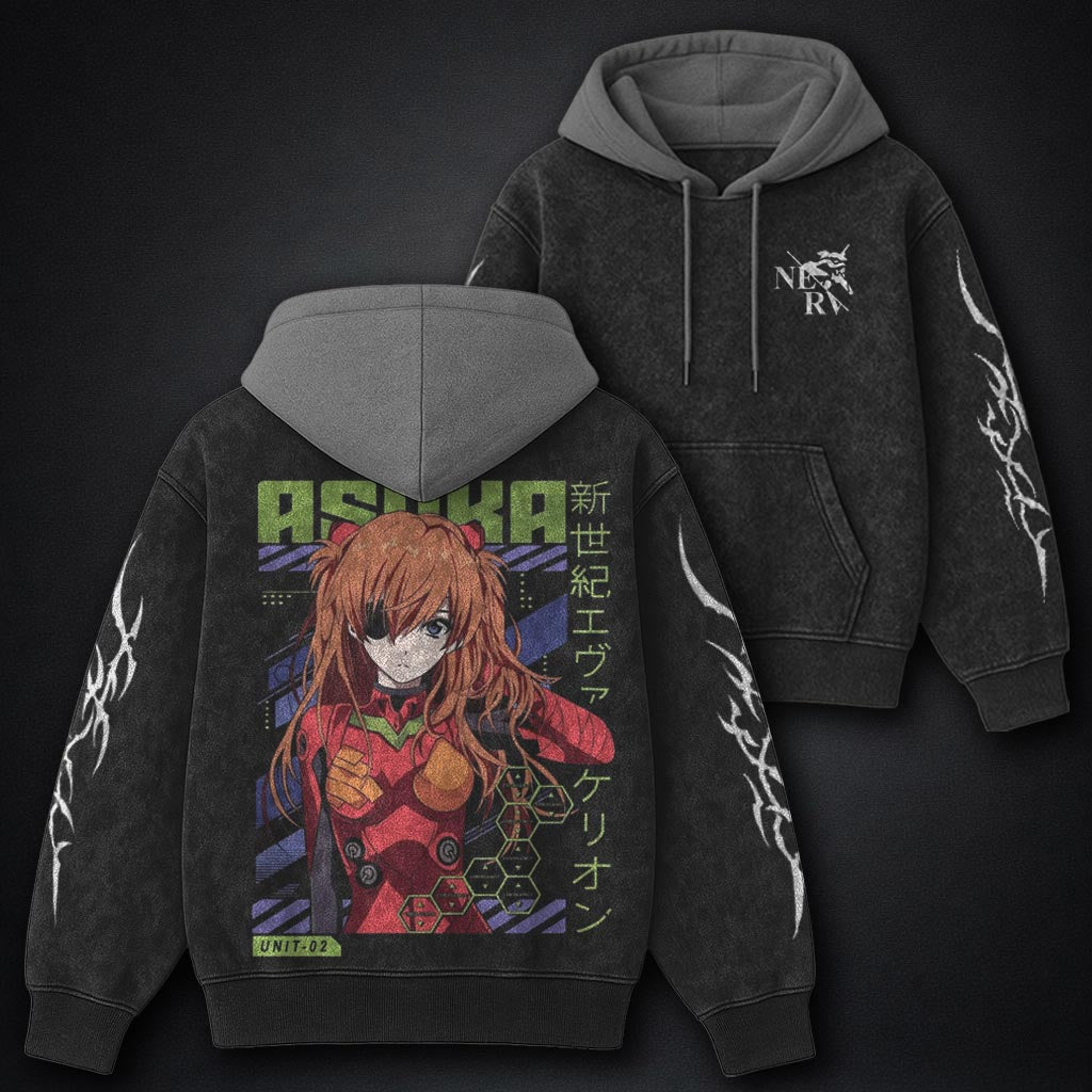 Neon Genesis Evangelion Essential Black and Grey Washed Hoodie