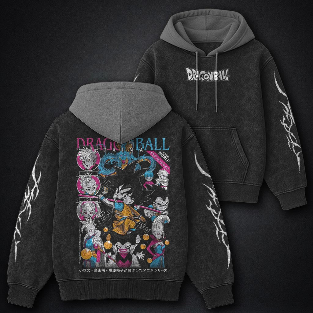 Dragon Ball Graphic Black and Grey Washed Hoodie