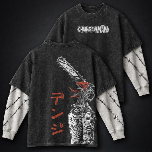 Chainsaw Man Premium Washed Double Sleeves T-Shirt