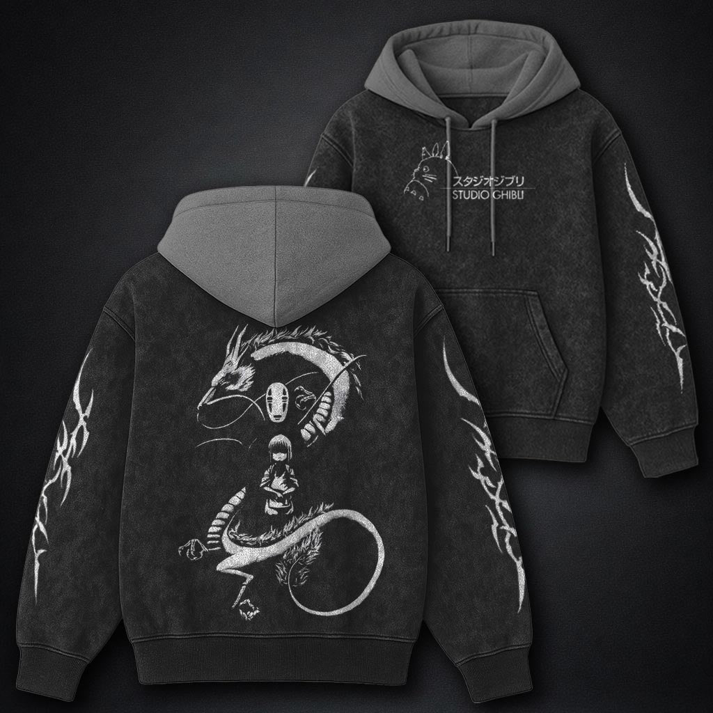 Ghibli Essential Black and Grey Washed Hoodie