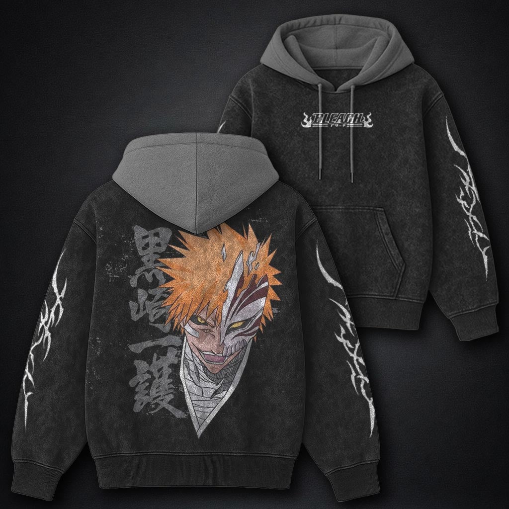 Bleach Streetwear Black and Grey Washed Hoodie