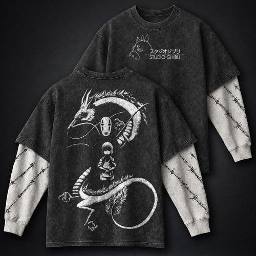 Ghibli Streetwear Washed Double Sleeves T-Shirt