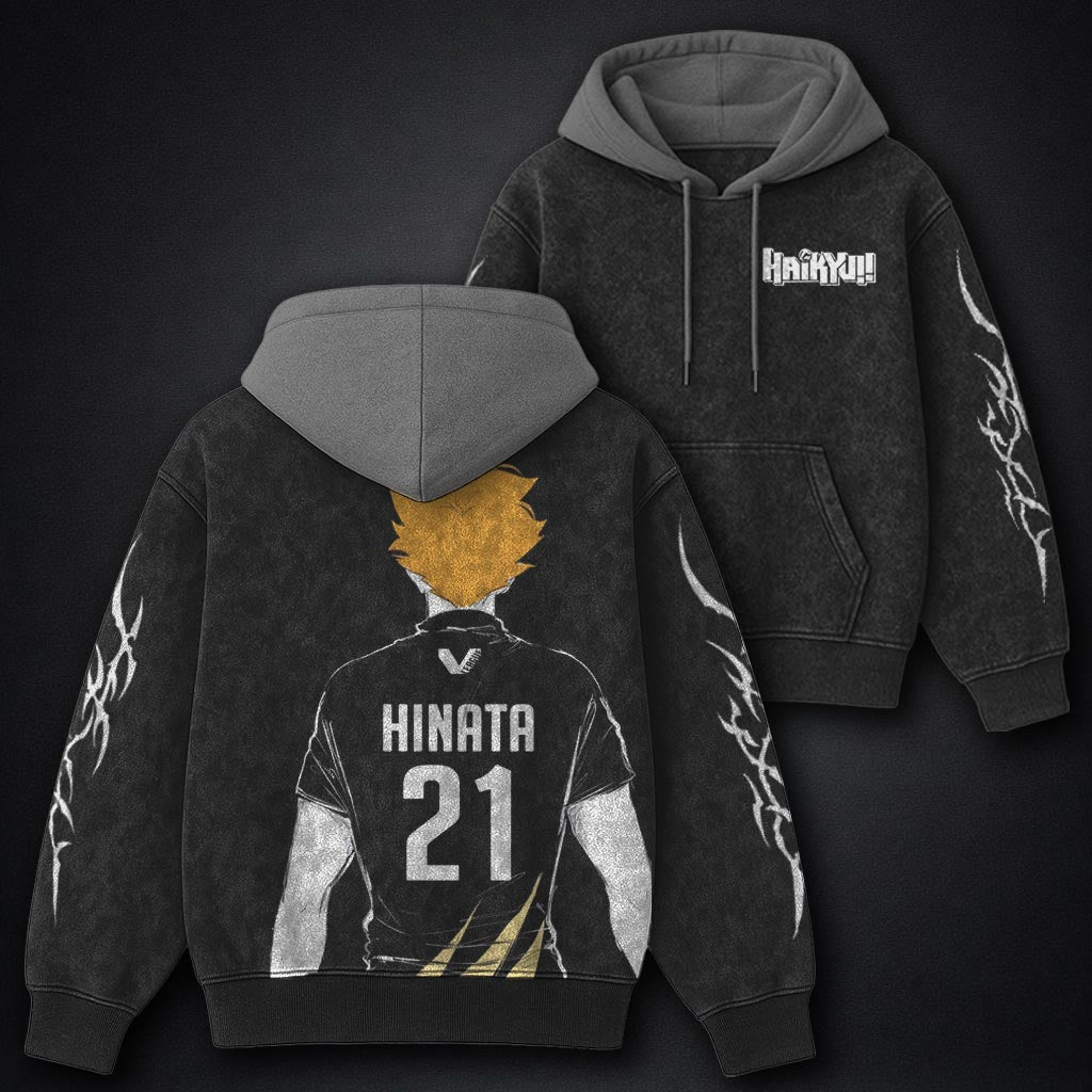 Haikyuu Oversized Black and Grey Washed Hoodie