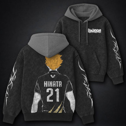 Haikyuu Oversized Black and Grey Washed Hoodie