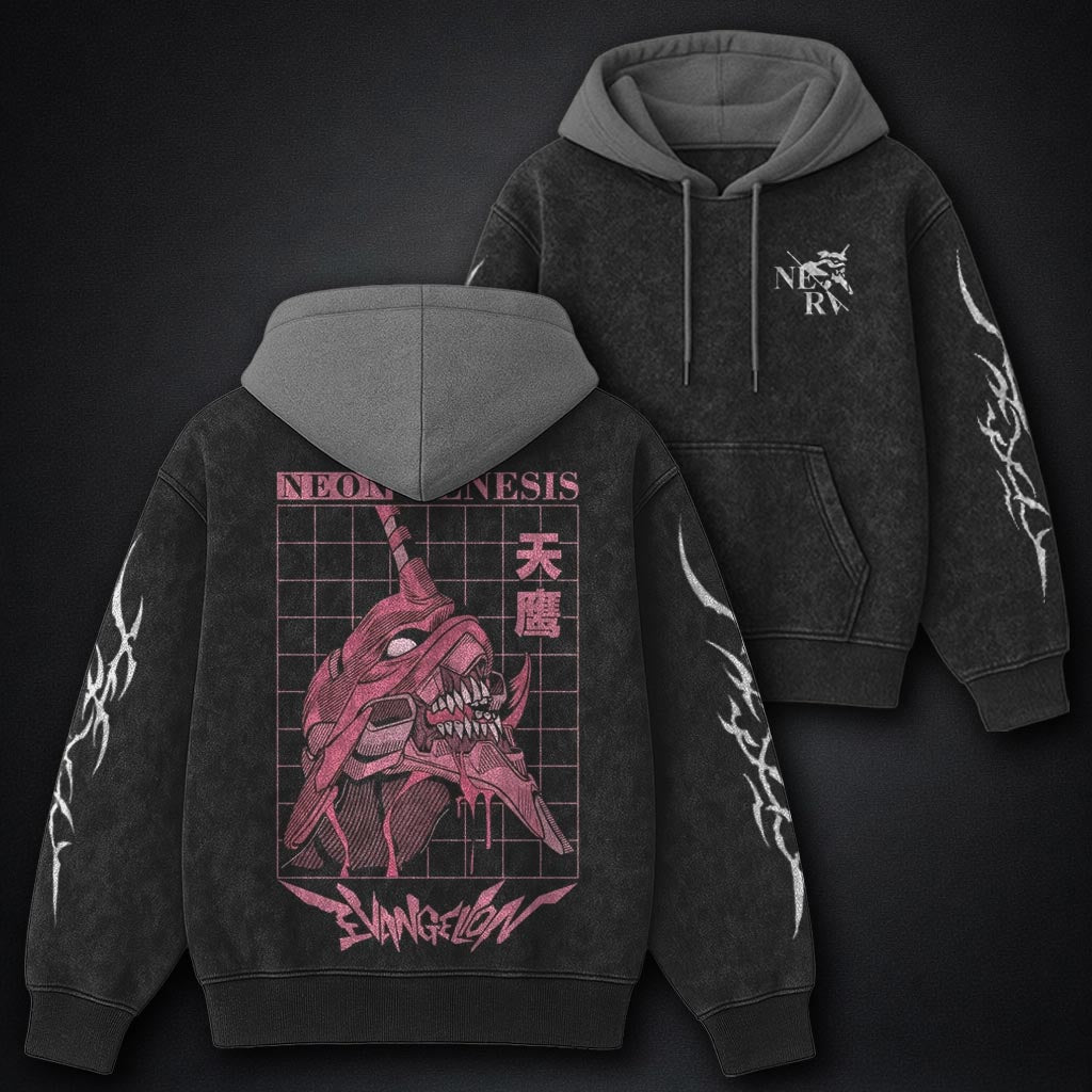 Neon Genesis Evangelion Minimal Black and Grey Washed Hoodie