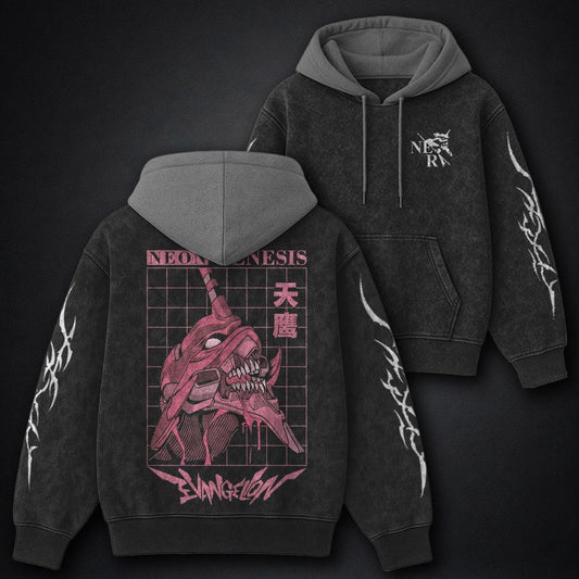 Neon Genesis Evangelion Minimal Black and Grey Washed Hoodie