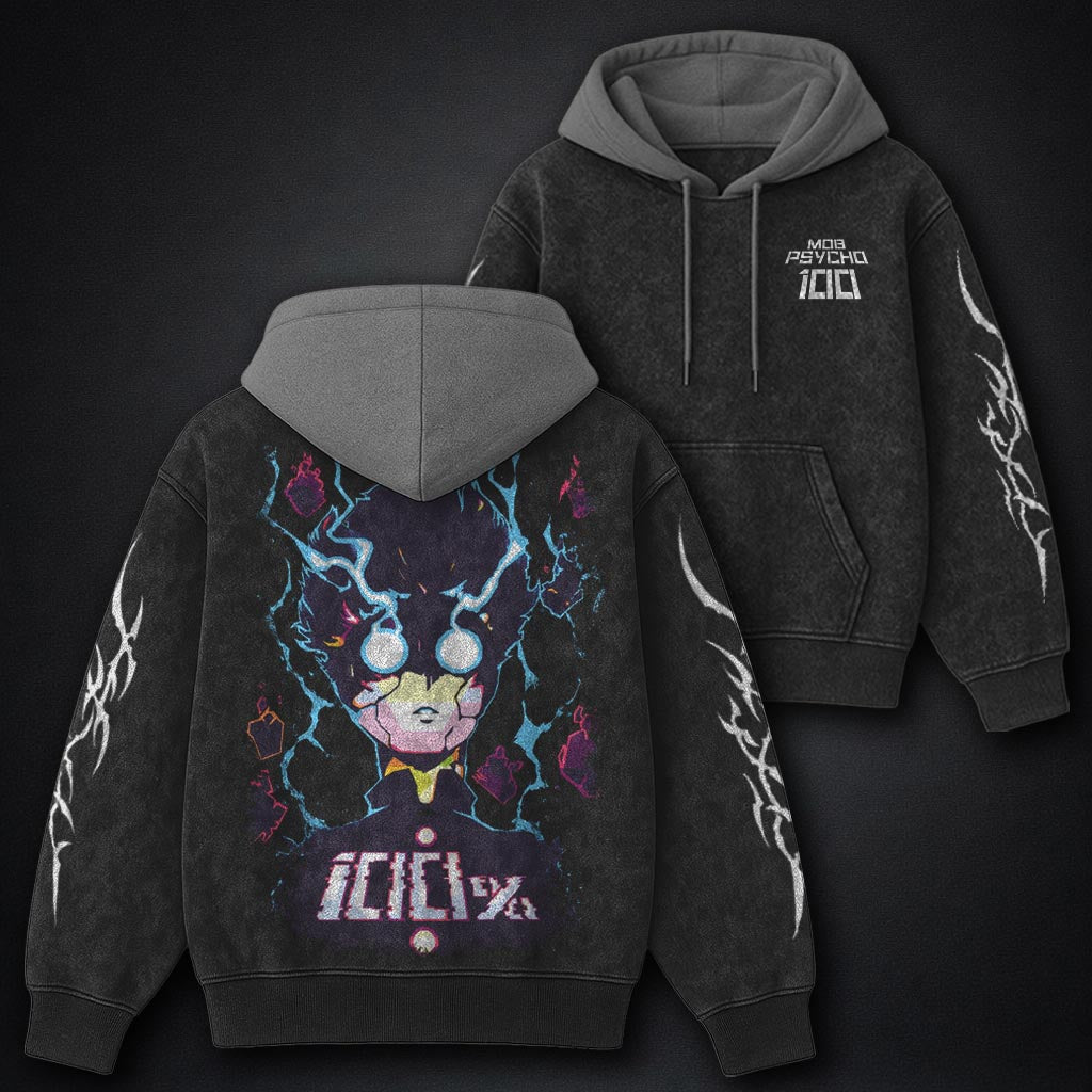 Mob Psycho 100 Bold Black and Grey Washed Hoodie