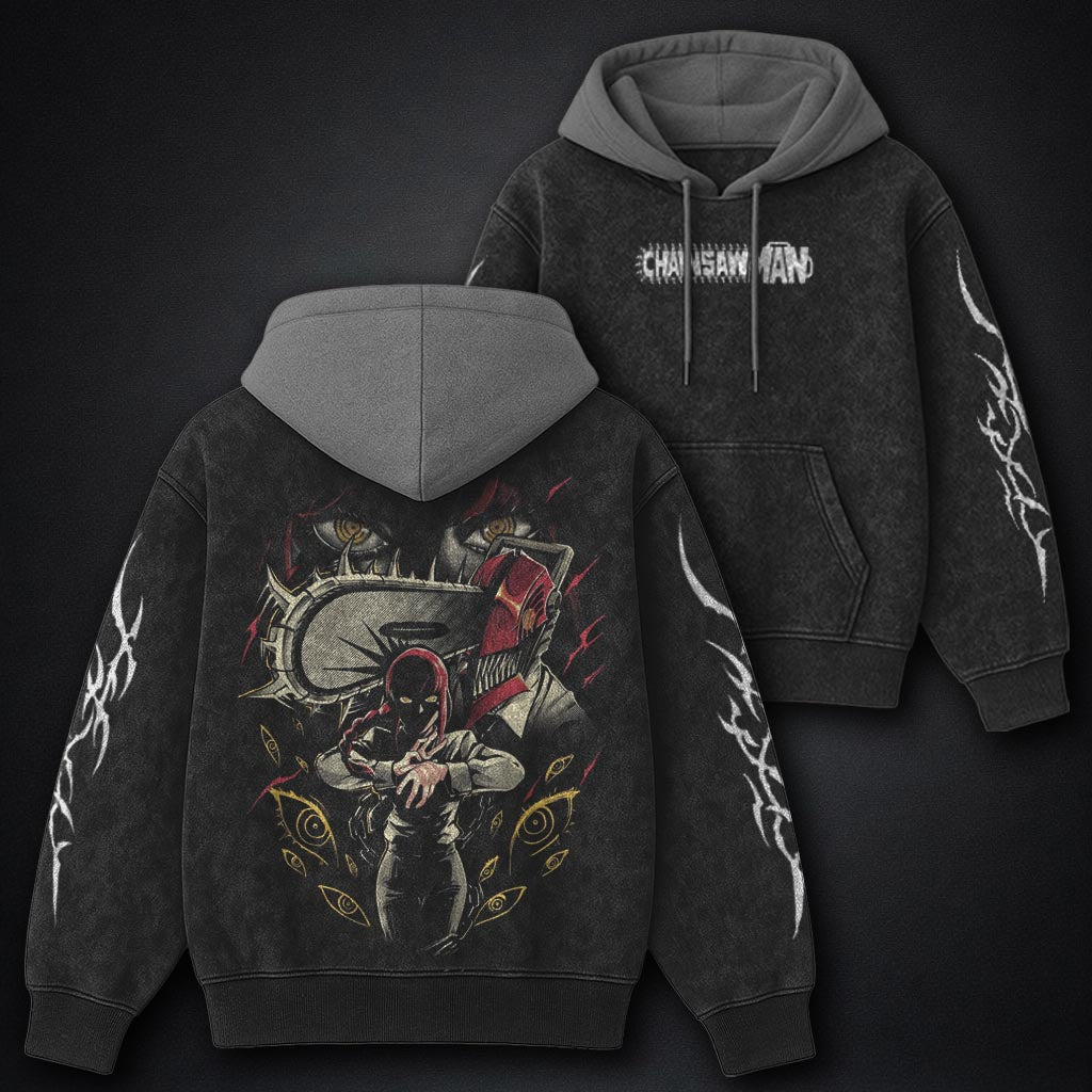 Chainsaw Man Graphic Black and Grey Washed Hoodie