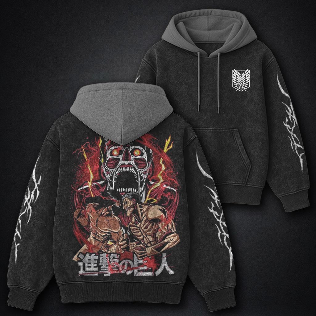 Attack on Titan Lightweight Black and Grey Washed Hoodie