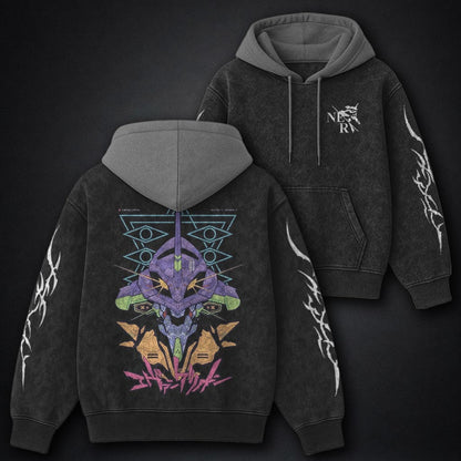 Neon Genesis Evangelion Oversized Black and Grey Washed Hoodie