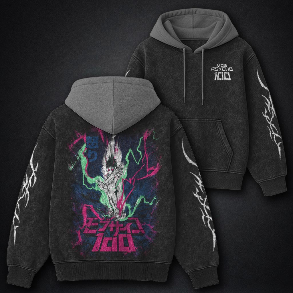 Mob Psycho 100 Oversized Black and Grey Washed Hoodie