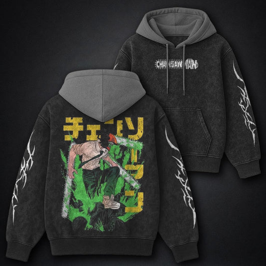 Chainsaw Man Streetwear Black and Grey Washed Hoodie