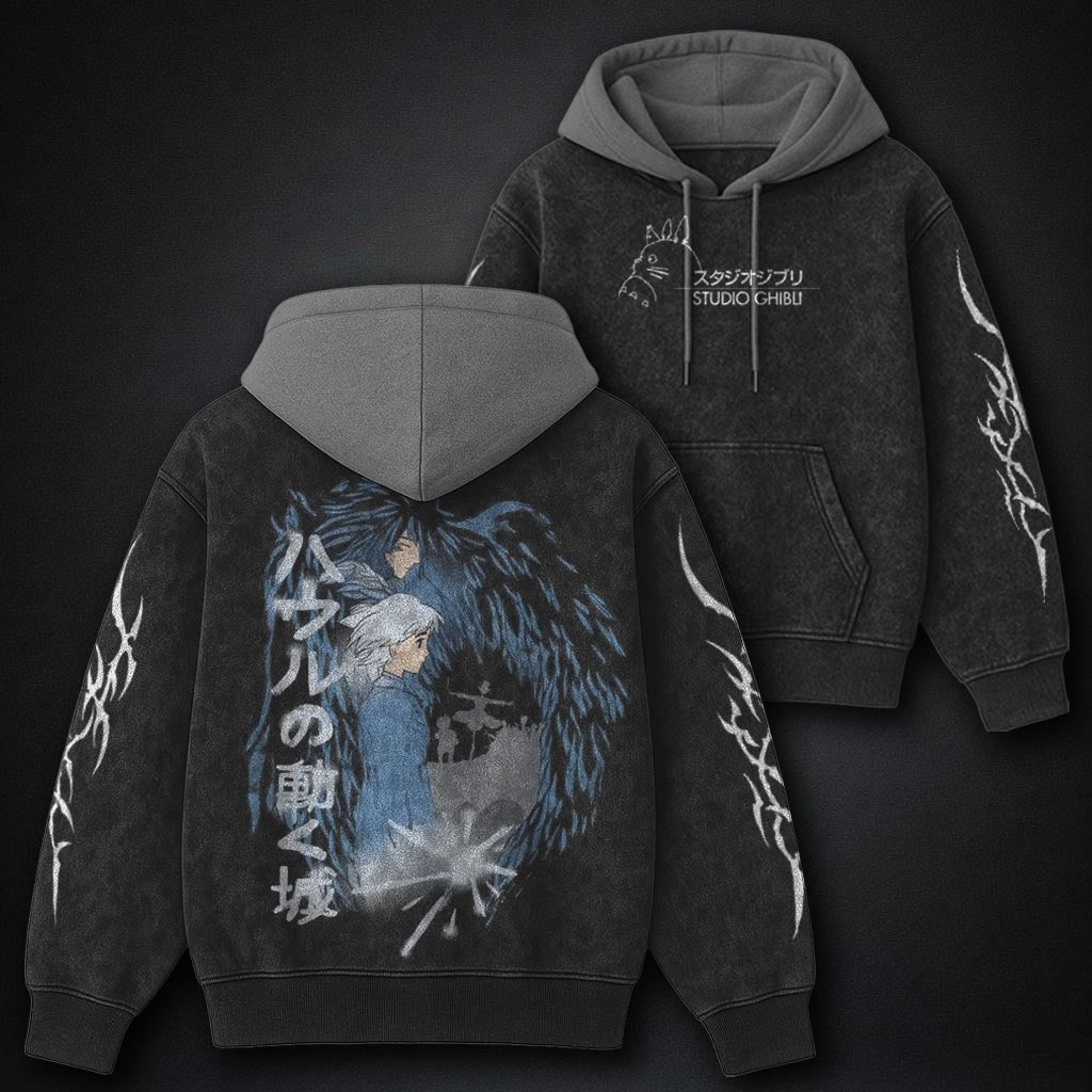 Ghibli Streetwear Black and Grey Washed Hoodie