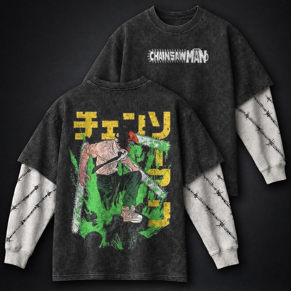 Chainsaw Man Minimal Washed Double Sleeves T-Shirt