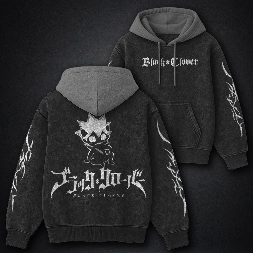 Black Clover Streetwear Black and Grey Washed Hoodie