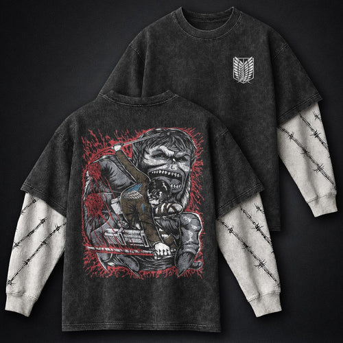 Attack on Titan Streetwear Washed Double Sleeves T-Shirt