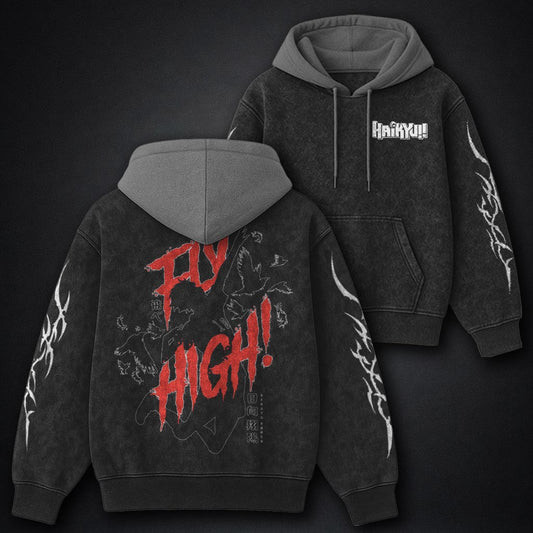 Haikyuu Premium Black and Grey Washed Hoodie